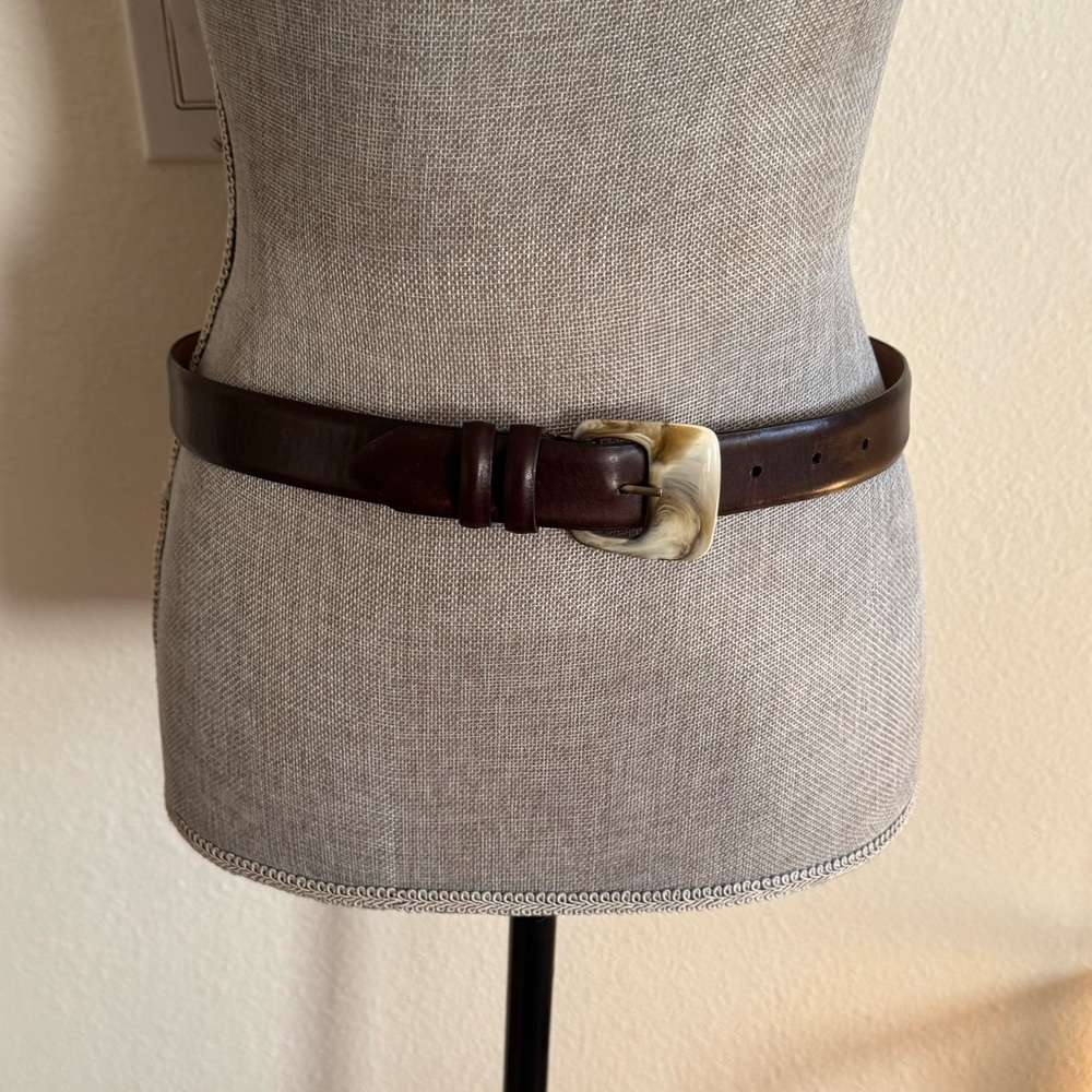 WCM Brown leather belt with white tortoise buckle